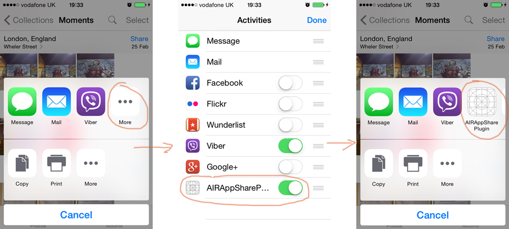 your AIR app appears in the iOS 8 Share Menu