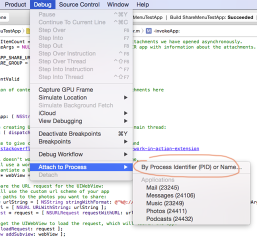 attach the Xcode debugger to your iOS extension process